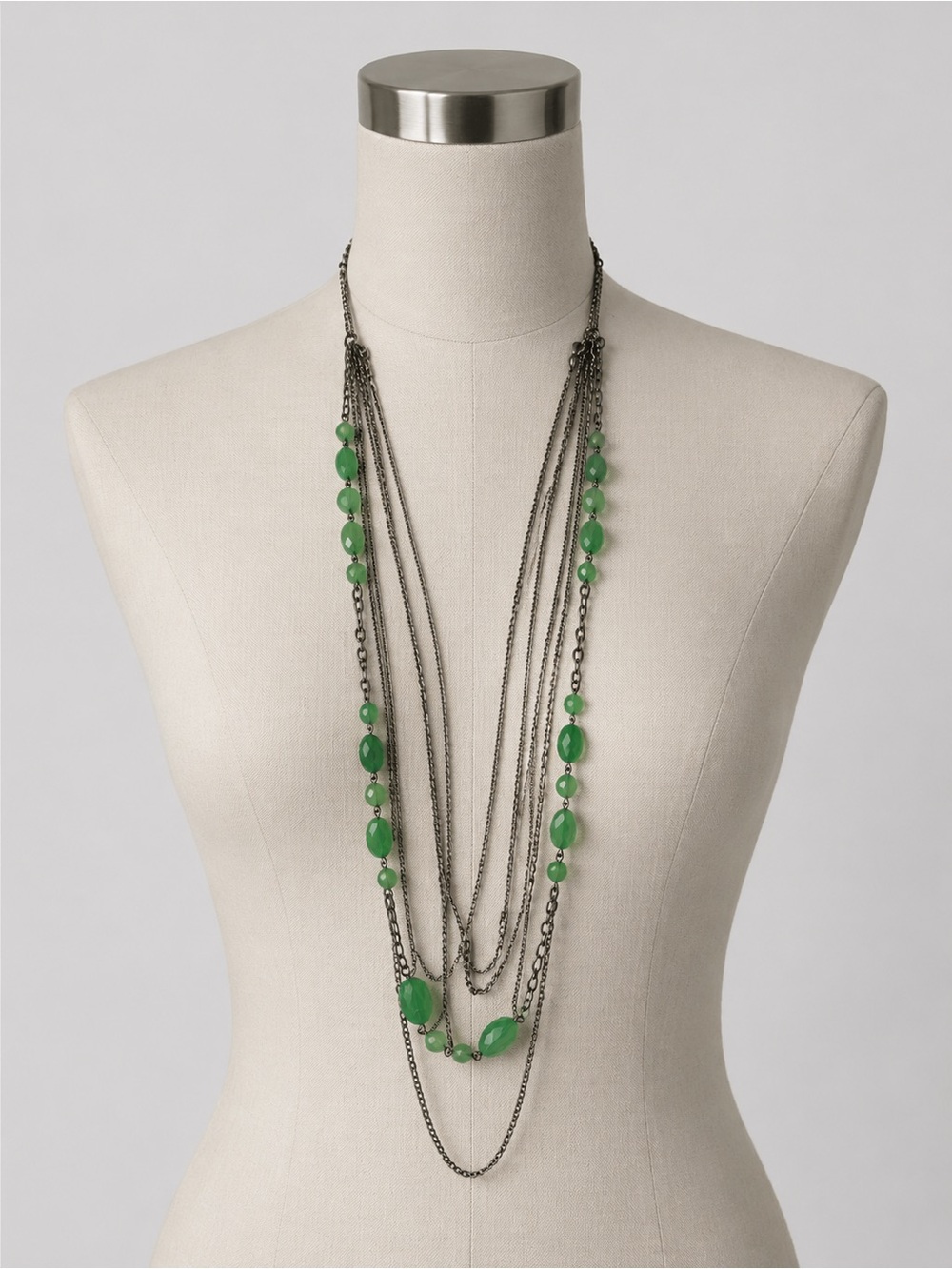 Layered Green Beaded Chain Necklace Costume Jewelry Boho Chic Long Necklace